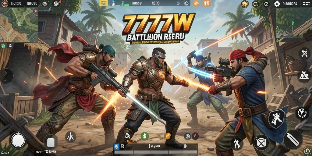 Screenshot utama 7777W menampilkan aksi intens Battle Royale.