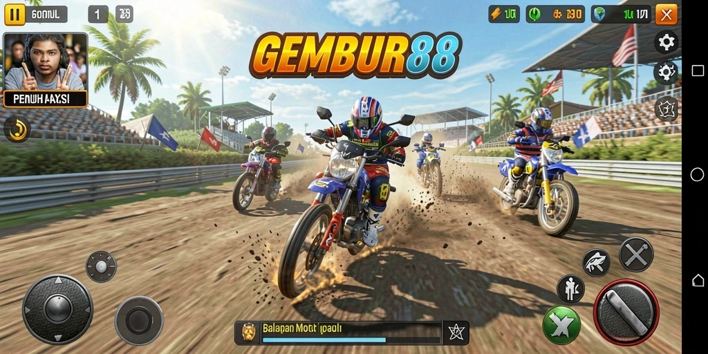 Screenshot gameplay GEMBUR88 menampilkan aksi balapan motor yang mendebarkan.
