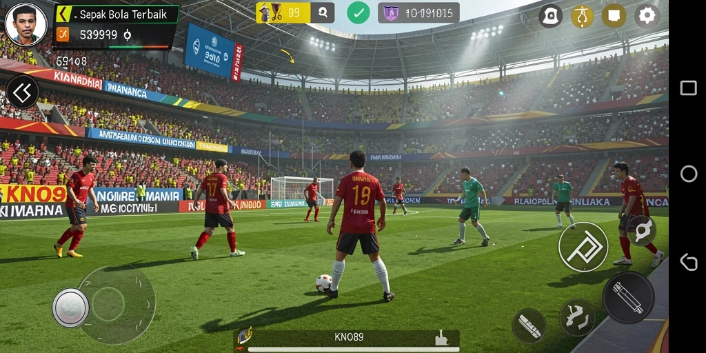 Tampilan gameplay KNO89 dengan aksi sepak bola yang mendebarkan.