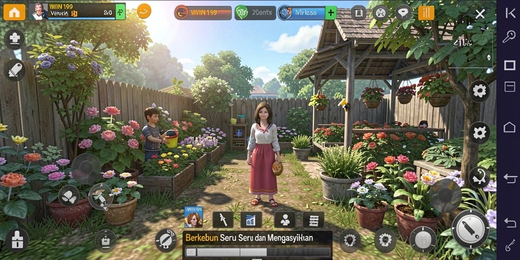 Screenshot dari gameplay WIN199 menunjukkan kebun yang subur dengan tanaman beragam.